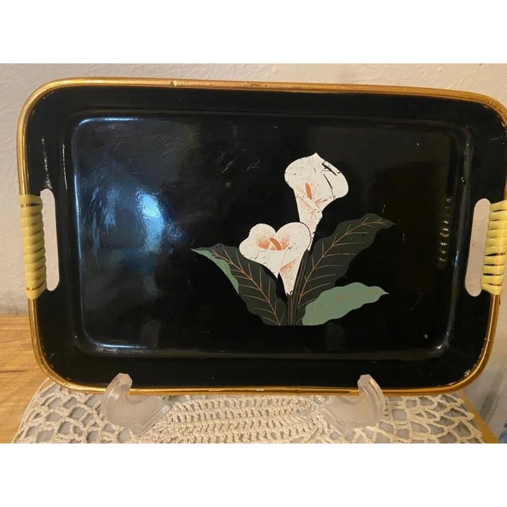 Vintage Princess House "Princess Heritage" Black Lacquerware Tray - Calla Lily